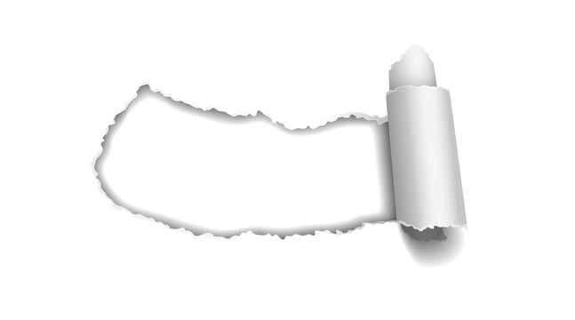 Realistic hole torn in white paper with curled rolled edges on transparent background