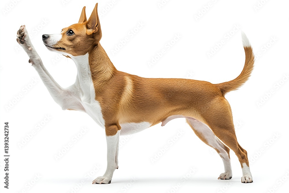 Poster alert basenji dog raising paw in studio shot on white background active canine breed with unique cha
