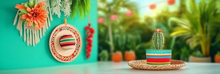 Mexican cactus centerpiece with colorful striped pot evokes vibrant fiesta vibes, cactus complements rustic wall decor, cactus adds festive charm with handmade accents and woven textures.