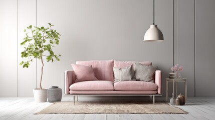 Fototapeta premium A stylish minimalist living room featuring a pale pink sofa and a beige rug