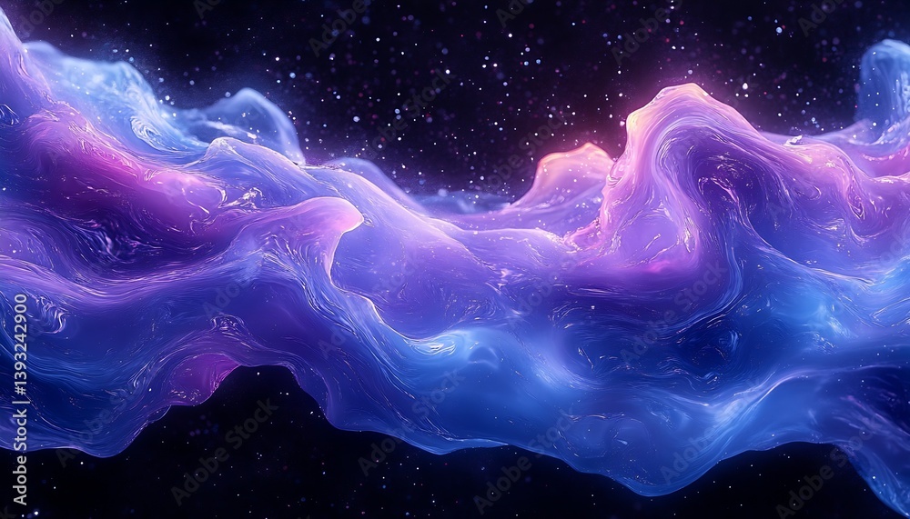 Poster an ethereal digital landscape featuring swirling colorful waves of pink and blue with a cosmic feel 