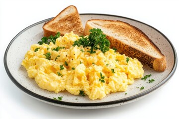 Scrambled eggs with toast and parsley garnish on a speckled plate