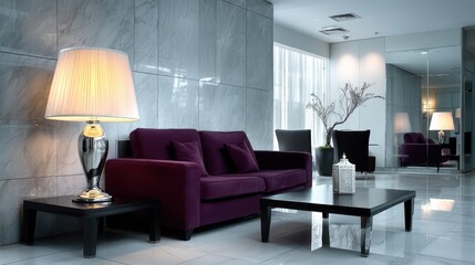 A stylish, modern hotel lobby with a minimalist table lamp with an off-white shade