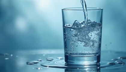Fresh water pours into glass, emphasizing water purity, quality, healthy lifestyle. Safe drinking water. Concept of health, wellness, hydration, cleanness, nature. Drops on glass table.