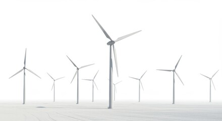 Serene wind turbine farm in a minimalist landscape against a stark white background