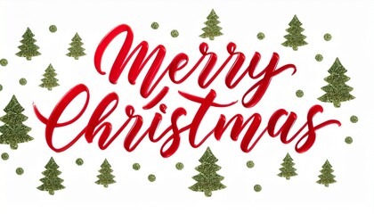 Merry Christmas sign. Hand drawn modern brush lettering with Christmas tree icons, white background