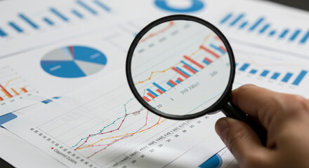 Unveiling financial growth secrets, a hand carefully examines detailed bar and line graphs under a magnifying glass, revealing crucial market insights.