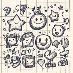 A whimsical collection of smiling cartoon doodles and playful elements