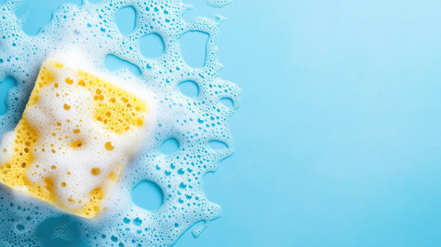 A bright yellow sponge rests on a light blue surface, surrounded by white bubbles. The image conveys a sense of cleanliness and freshness, likely during a washing task