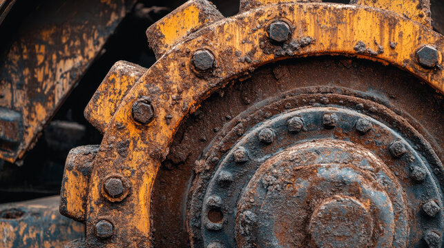 Close-up of a large industrial gear displaying rust and grime, indicating frequent use. This gear is part of heavy machinery at a construction site during midday, emphasizing its ruggedness