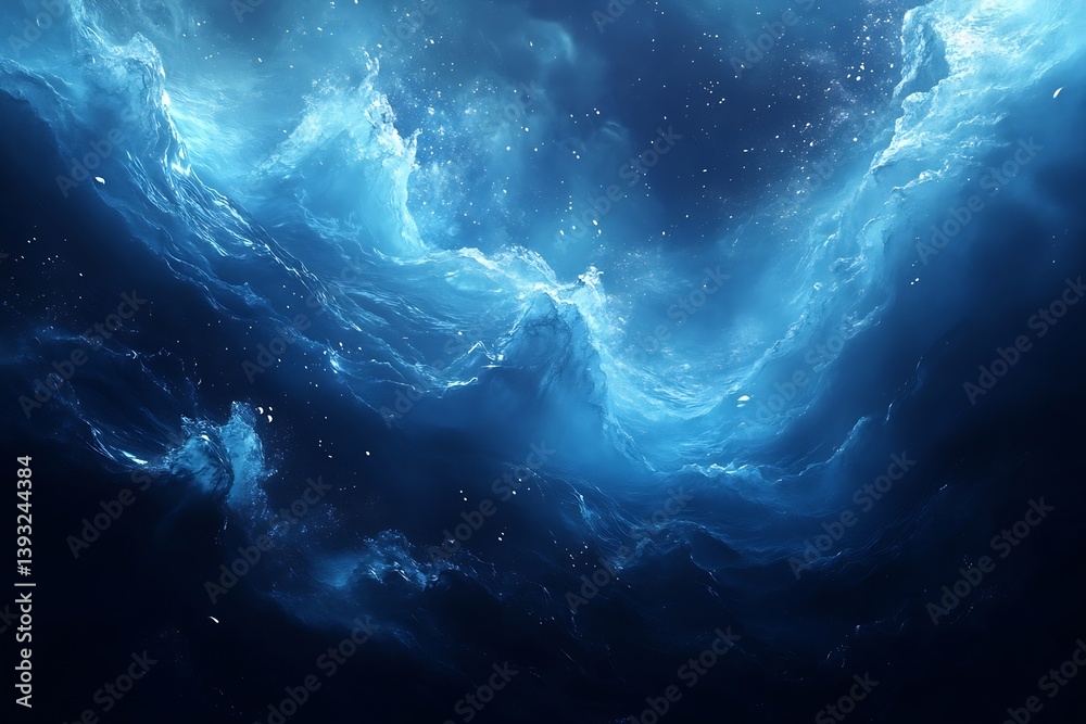 Poster Abstract dark blue waterlike cloud with light dust shining creating a mysterious and serene cosmic atmosphere : Generative AI