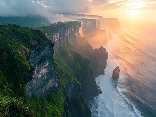 Aerial view of a stunning coastline at sunrise or sunset