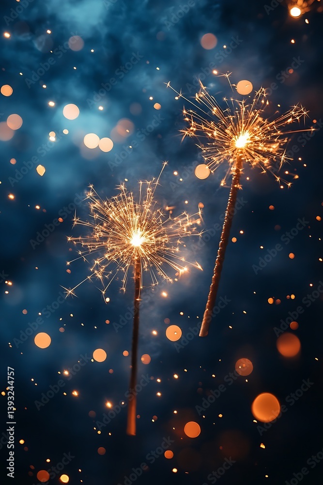 Poster festive sparklers against a dark blue background with bokeh lights celebrating holidays and special 