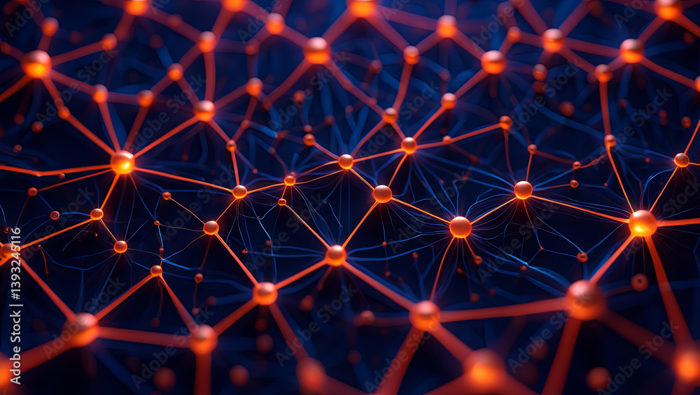 Poster complex network of glowing nodes interconnected by lines forms a detailed pattern on a dark surface.