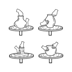 Clay Pottery Workshop Studio icons set. Artisanal Creative Craft concept. Handmade traditional pottery making, hand drawn vector illustration doodle style