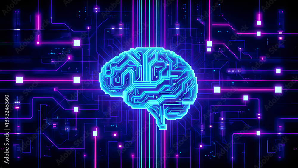 Poster a glowing brain design made of intricate circuit patterns is centered against a dark, high-tech back