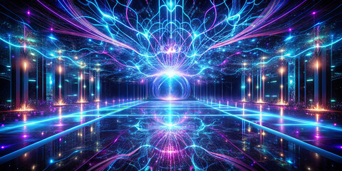 A dazzling display of neon colors fills a futuristic environment with intricate patterns and glowing elements. The vibrant lights create a spatial illusion, enhancing the surreal mood