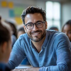Obraz premium Confident Smiling Man with Glasses Casual Business Portrait
