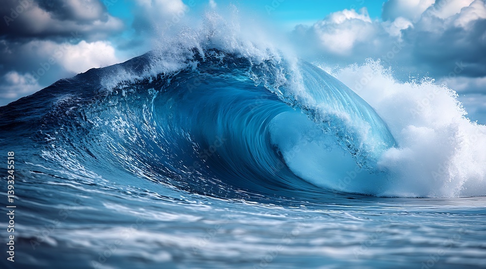 Poster powerful ocean wave crashing against the sea with blue sky and clouds nature's energy display : gene