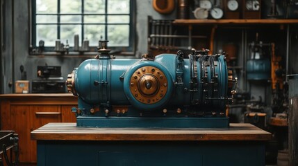 Fototapeta premium Antique teal machine on wooden workbench in a vintage workshop