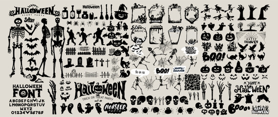 Halloween vector black silhouettes and front. Hand draw haunted house, creepy tree, crow, skeleton, pumpkins, halloween ghost, flying witch, zombie, owl, tombstone fence, witch's broom, coffin, font.