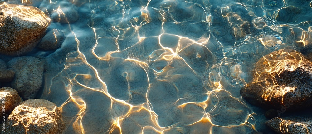 Poster sparkling water reflections sunlight on shallow water with rocks and ripples calming nature backgrou