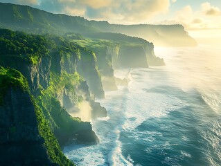 Lush green cliffs overlooking the vast ocean under a bright sky
