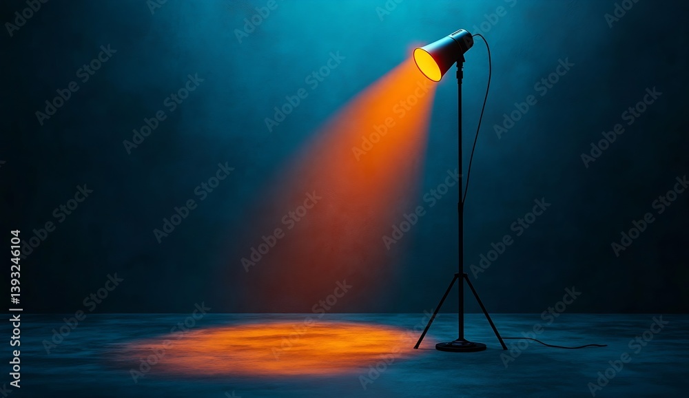 Poster Illuminated spotlight casting vibrant orange light in a modern setting with an attractive blue background : Generative AI