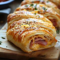Delicious Ham and Cheese Strudel Rolls on Wooden Cutting Board