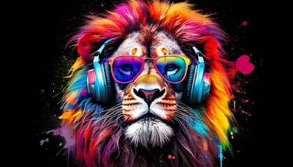 Colorful watercolor punk lion with sunglasses and headphones wallpaper
