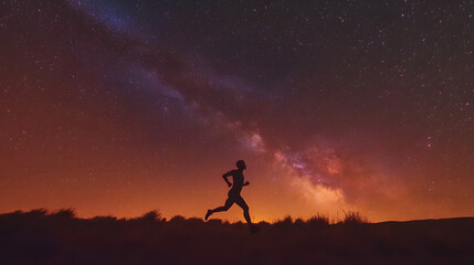 Obraz premium Silhouette of a person running under a vibrant, star-filled night sky. The runner is set against a gradient of orange and purple, creating a dynamic scene of motion and cosmic beauty.