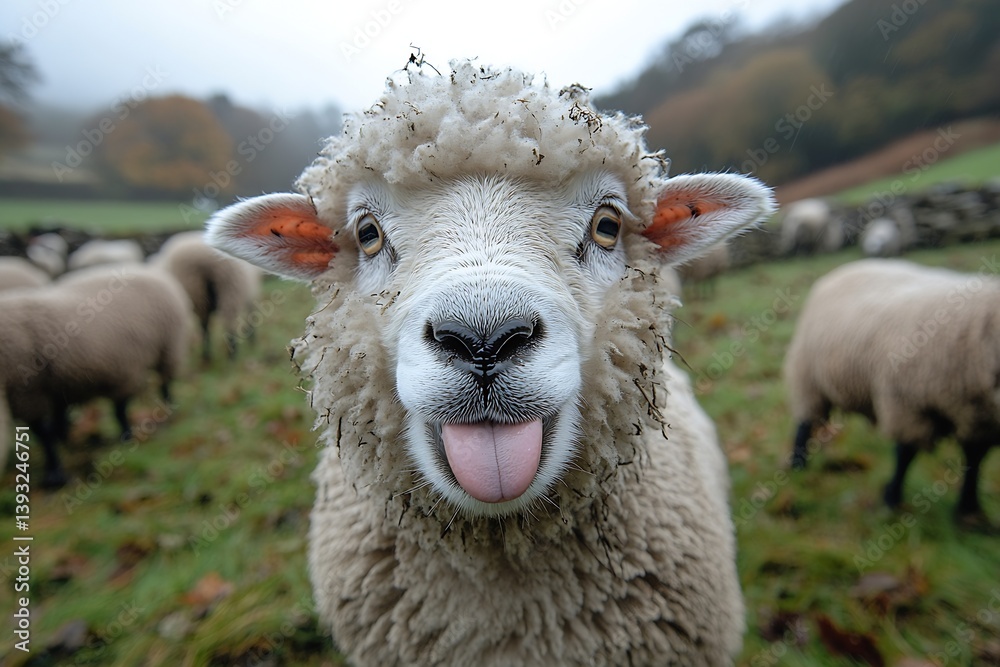 Poster funny sheep sticking out tongue close up photograph in grassy field with other sheep and cloudy sky 