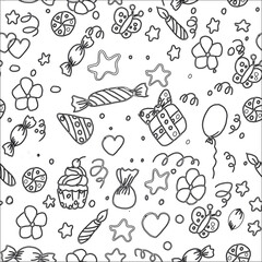Hand-drawn black and white doodle cake birthday, balloon, event decoration element. A party. Vector set illustration on a white background. for printing and textile postcards.