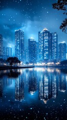 Fototapeta premium Night time city skyline reflecting in the still waters below the skyline