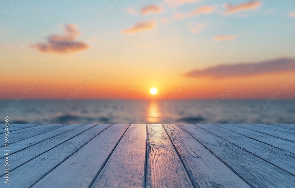 Poster gorgeous sunset scenery viewed from a charming wooden deck with an expansive ocean in the background