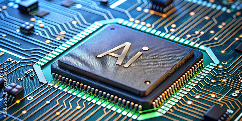 Poster a detailed close-up of a circuit board highlights a prominent processor marked with ai. the intricat