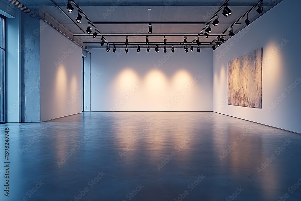 Aufkleber modern art gallery interior space with concrete floors and walls with ambient lighting for exhibitio