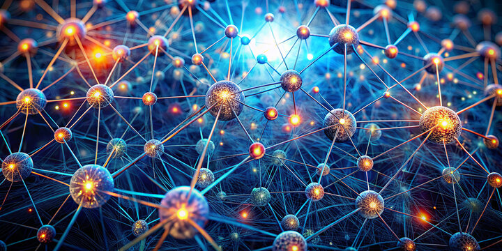 This artwork showcases a vibrant and intricate arrangement of swirling particles and nodes, emanating a mix of blue and orange lights, evoking a sense of connectivity and energy