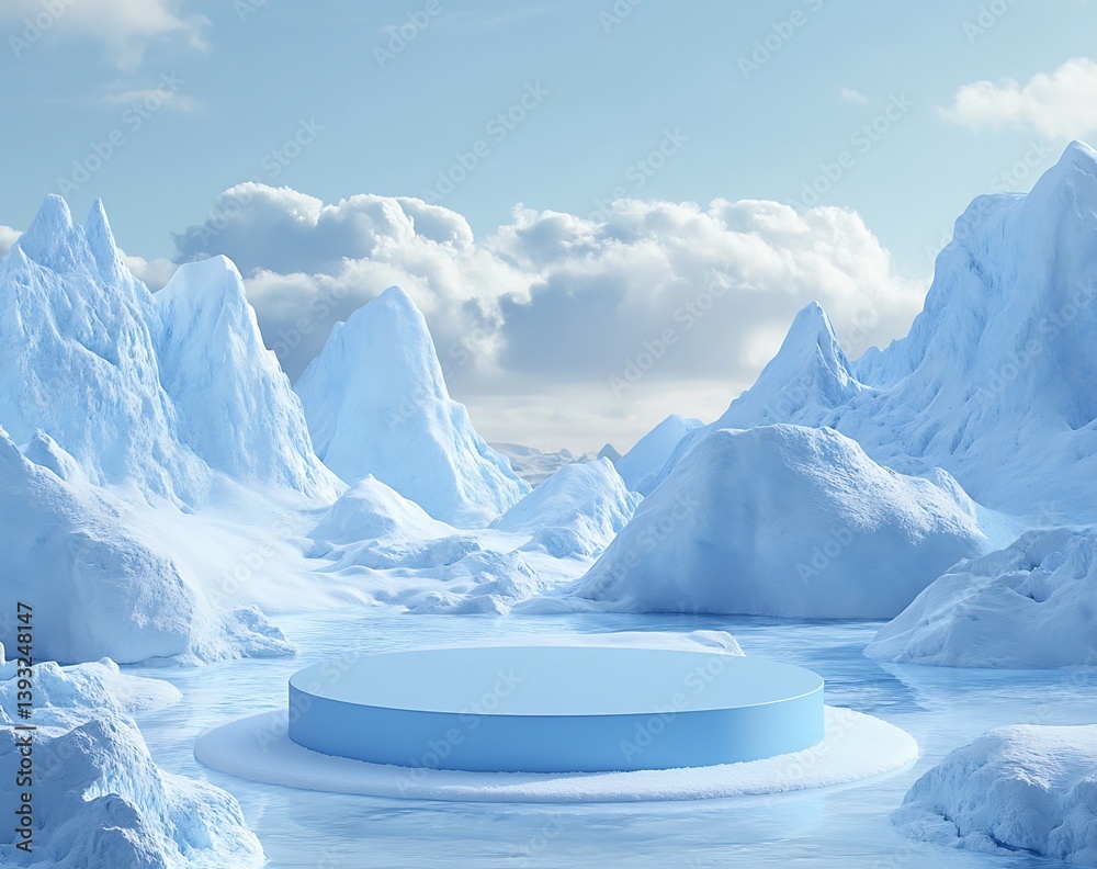Poster Surreal Ice Island amidst Snowy Peaks and Mystic Clouds in a Tranquil Setting : Generative AI