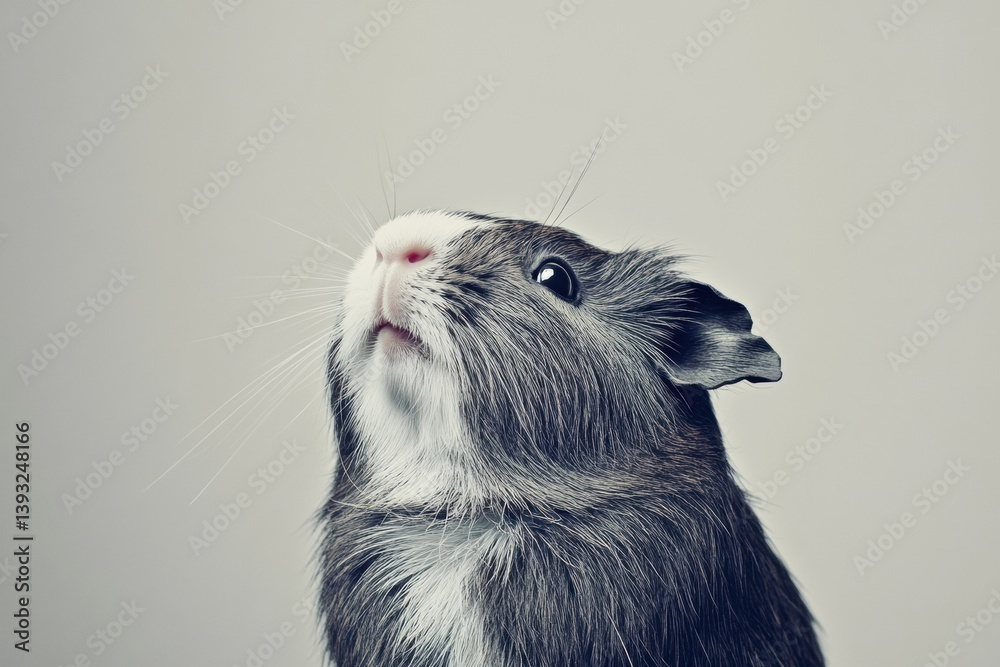 Poster cute guinea pig looks up curiously with fluffy fur and prominent whiskers against a minimal white ba
