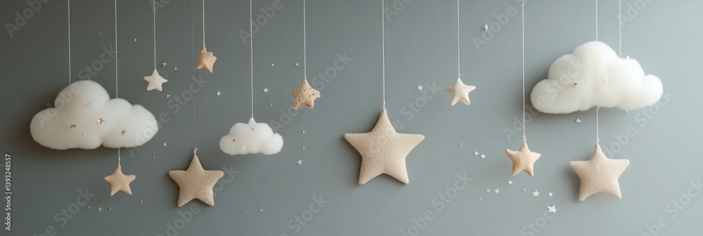 Fototapete Delicate stars and clouds suspended from invisible strings create enchanting nursery decor for a serene atmosphere