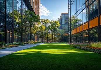 Modern Office Building Exterior with Green Lawn and Landscaping Business Park Serenity and Green Space Design : Generative AI