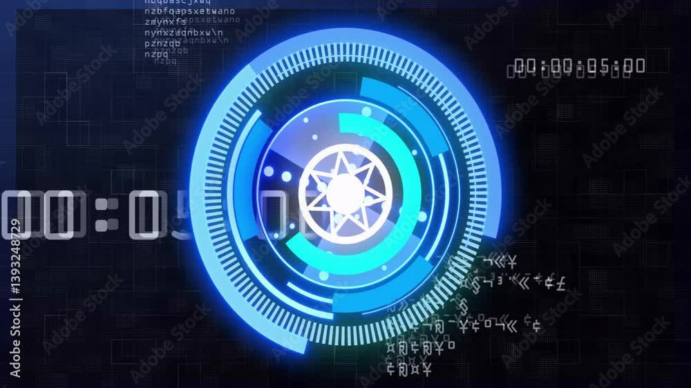 Poster rotating blue circular elements with animation and binary code on digital interface