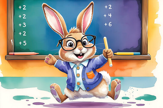 Happy rabbit teacher in classroom teaching math to young students with colorful chalkboard visible