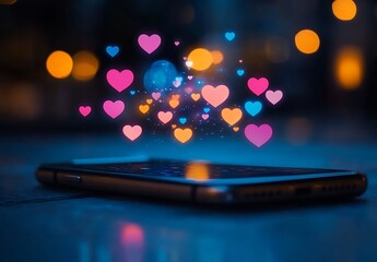 Fototapeta premium Smartphone Displaying Heart Symbols Love and Technology Mobile Device with Bokeh Background Romantic Concept : Generative AI