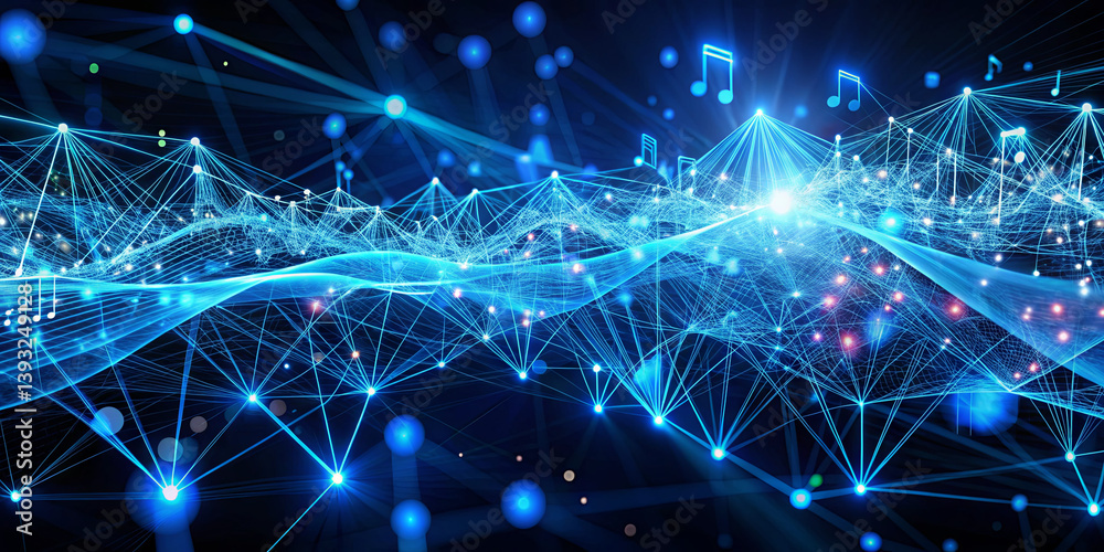 Poster a futuristic digital landscape displays interconnected blue lines and glowing points representing so
