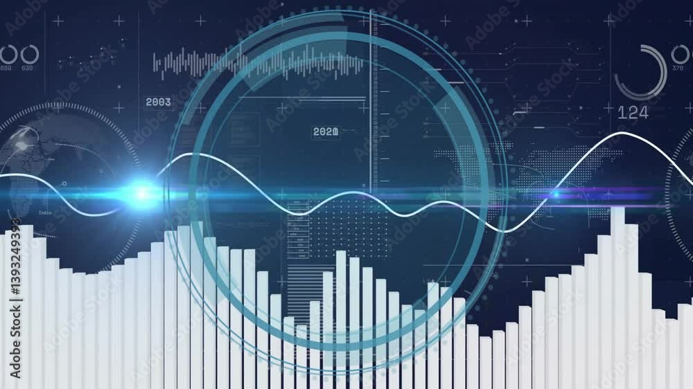 Poster animation showing data visualization with bar graphs and waveforms on world map