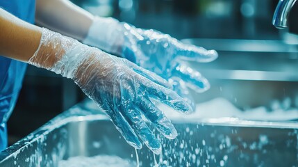 A person wearing blue gloves washes their hands in a sink, surrounded by water and bubbles, emphasizing cleanliness and hygiene.