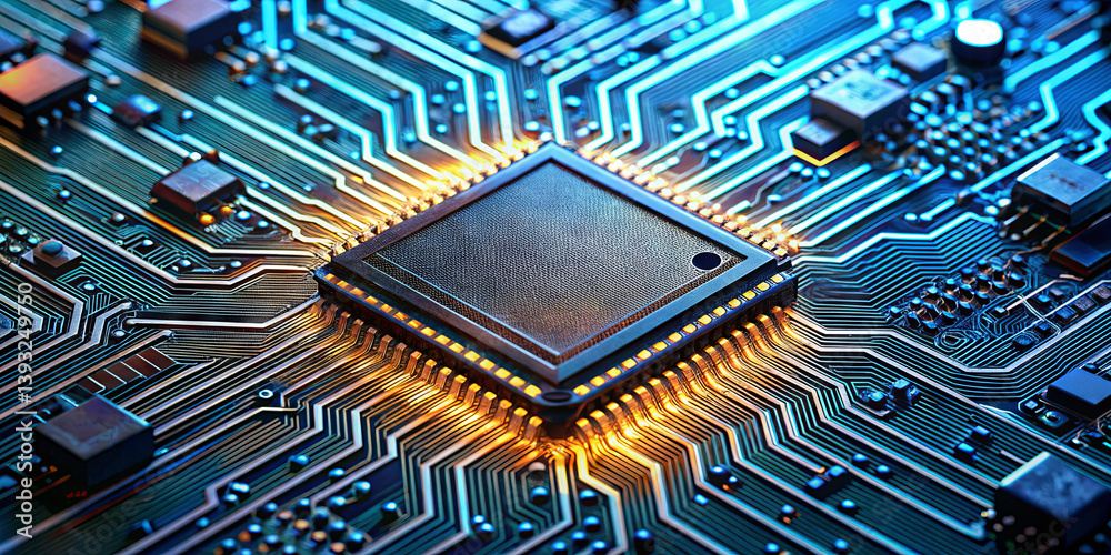 Poster the close-up image highlights a computer chip surrounded by complex circuit patterns. the glowing el