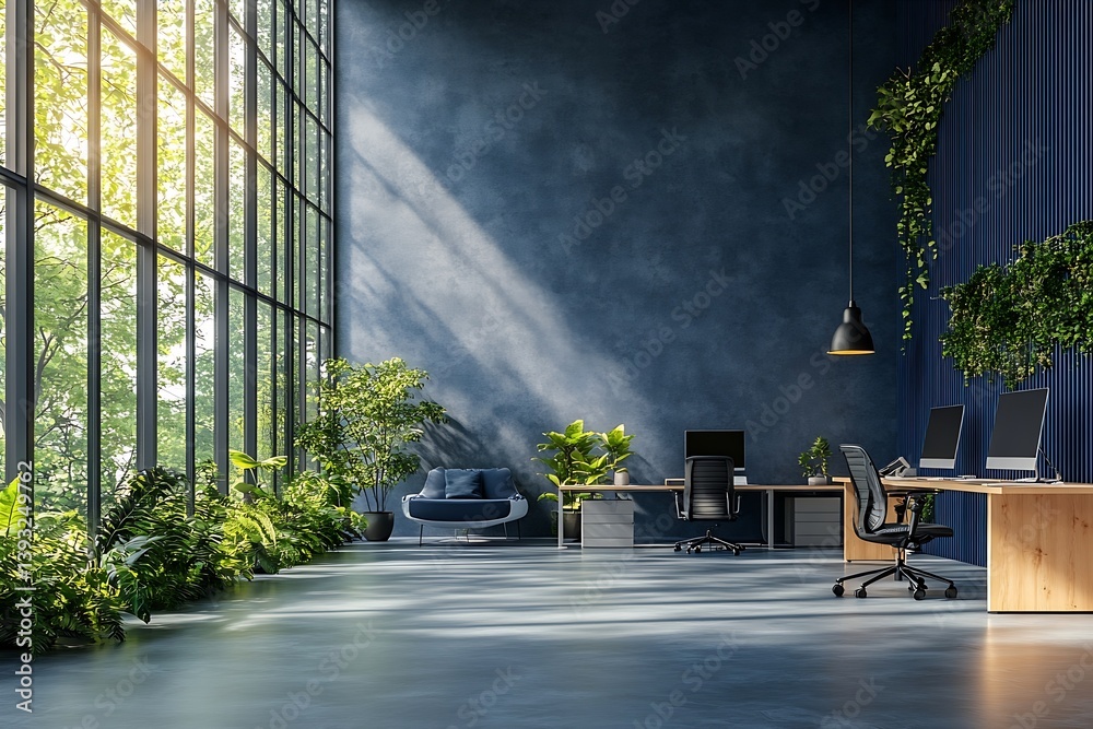 Poster modern office space with natural light streaming through large windows and lush greenery for a fresh